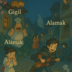 "Studio Ghibli-style village at twilight featuring whimsical characters and floating words like Gigil, Moggy, Alamak, Morto, Gatvol, Videoke, Ludraman, Yoh, Skabenga, and Zol glowing across a magical town square under lantern-lit skies."
