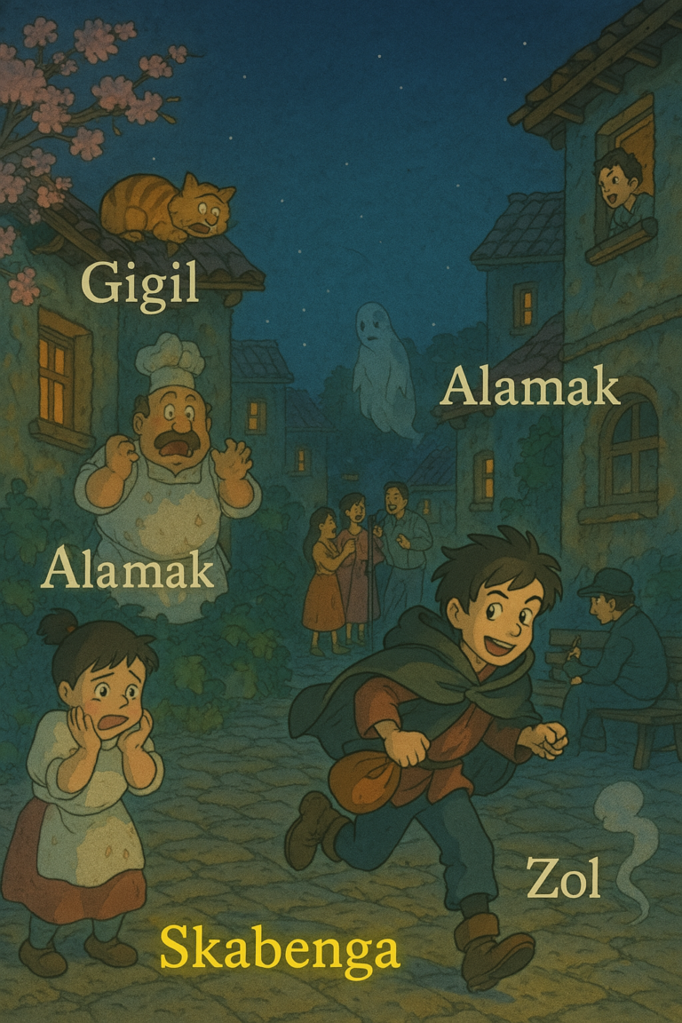 "Studio Ghibli-style village at twilight featuring whimsical characters and floating words like Gigil, Moggy, Alamak, Morto, Gatvol, Videoke, Ludraman, Yoh, Skabenga, and Zol glowing across a magical town square under lantern-lit skies."