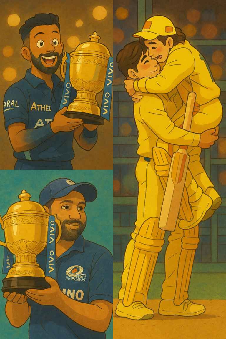IPL Winners. The image showcases captains with IPL trophies and DHoni celebrating with Jadeja